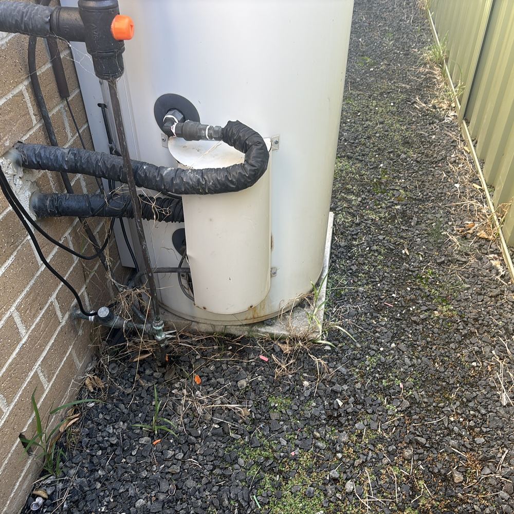Damp ground around the hot water unit where water is not draining away, found during a pre-purchase inspection in Pakenham